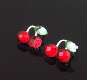 Red cherry and green leaves stud earrings Ed00075