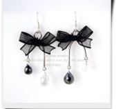 Black lace bowknot stud earrings with beads pendant