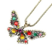  Retro color diamond butterfly long necklace 